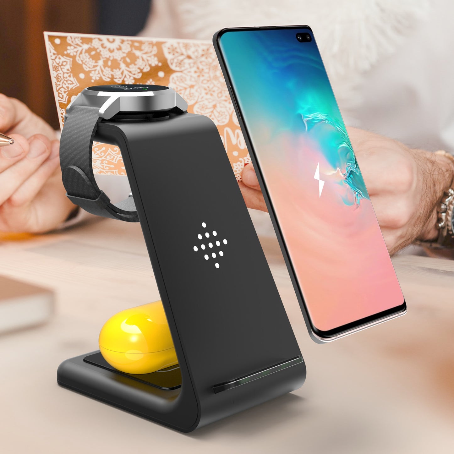 3-in-1 wireless charging station black version on desk - premium phone accessory