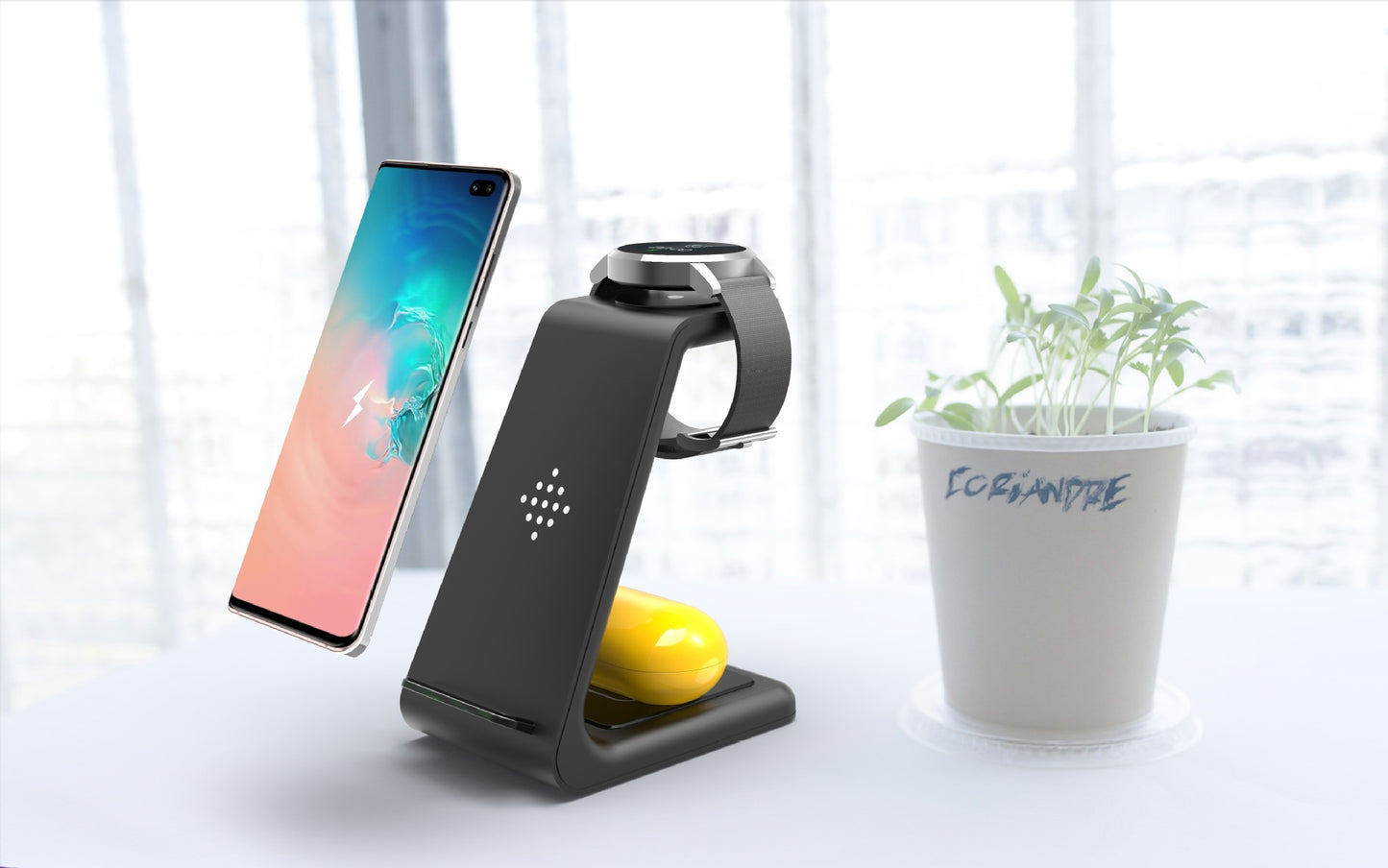 3-in-1 wireless charging station charging all devices simultaneously - iPhone Apple Watch AirPods