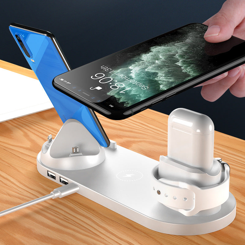 Multi-device wireless charging hub with phone stand and AirPods dock close-up