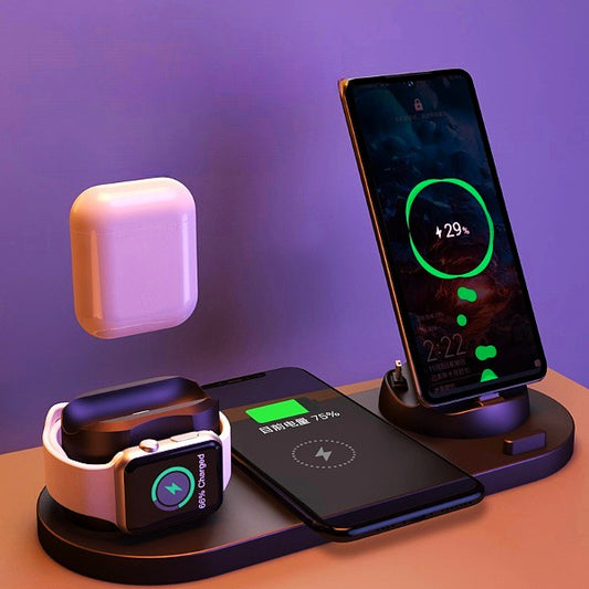 6-in-1 wireless charging dock with iPhone Apple Watch AirPods - purple studio render